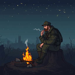 A military Russian doomer sitting on a stump beside a campfire, smoking and gazing blankly into the flames