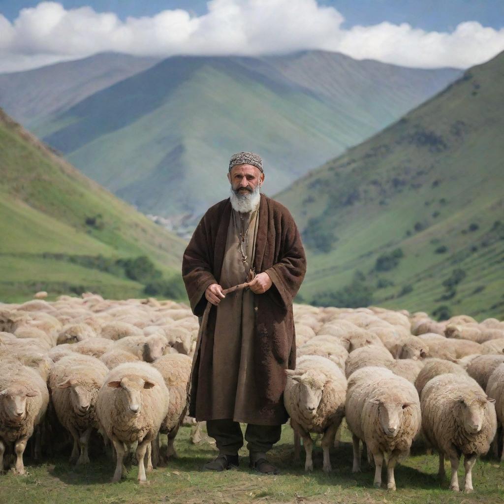 A pastoral scene featuring an Armenian shepherd with traditional attire, leaning on his staff, overseeing a flock of sheep amidst the mountainous terrain.