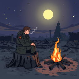 A military Russian doomer sitting on a stump beside a campfire, smoking and gazing blankly into the flames