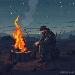 A military Russian doomer sitting on a stump beside a campfire, smoking and gazing blankly into the flames