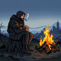 A military Russian doomer sitting on a stump beside a campfire, smoking and gazing blankly into the flames