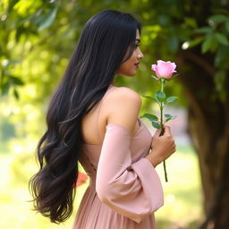 A 23-year-old Indian woman standing in a serene outdoor setting, viewed from the back