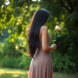 A 23-year-old Indian woman standing in a serene outdoor setting, viewed from the back