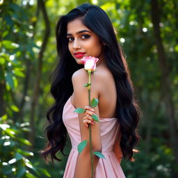 A 23-year-old Indian woman standing in a serene outdoor setting, viewed from the back