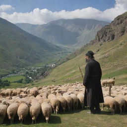 A pastoral scene featuring an Armenian shepherd with traditional attire, leaning on his staff, overseeing a flock of sheep amidst the mountainous terrain.