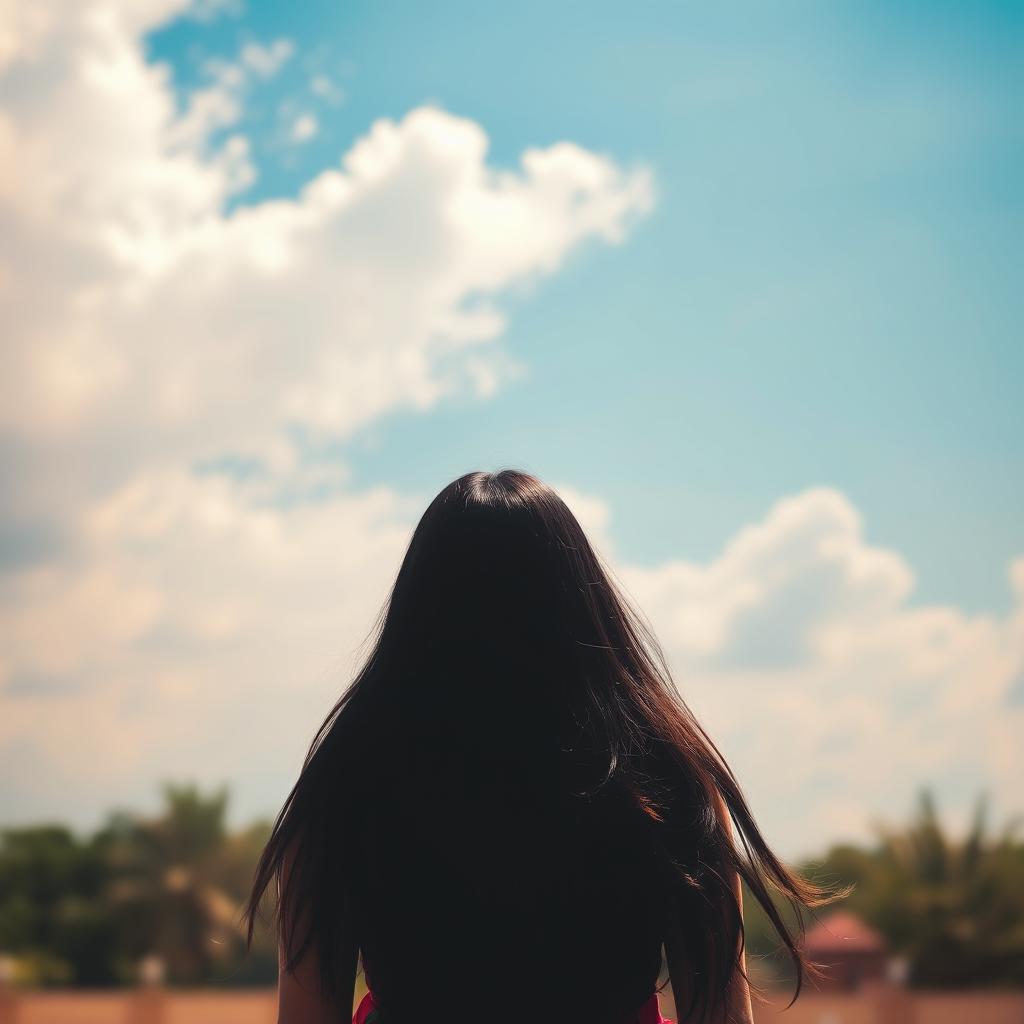 A 23-year-old Indian woman seen from the back, gazing up towards the sky