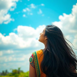 A 23-year-old Indian woman seen from the back, gazing up towards the sky