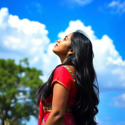 A 23-year-old Indian woman seen from the back, gazing up towards the sky