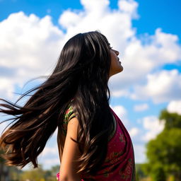 A 23-year-old Indian woman seen from the back, gazing up towards the sky