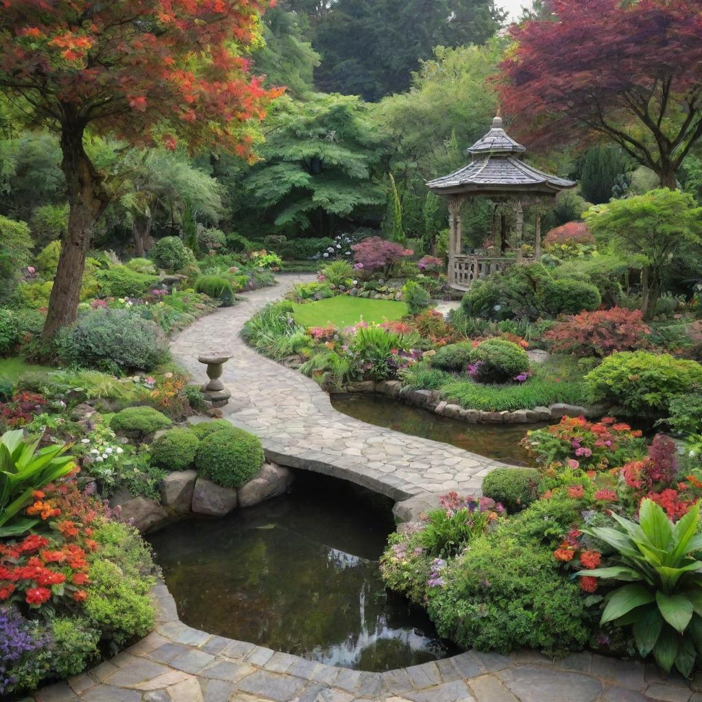 A breathtakingly beautiful garden considered the most beautiful in the world. Picture lush greenery, vibrant flowers in full bloom, serene water features, elegant garden pathways, and enchanting gazebos, all under a warm sunlight.