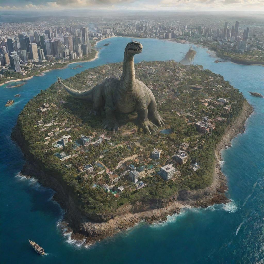 Against all odds, the visitors finally reach their destination, the bustling city appearing as a beacon of civilization. An aerial view captures the contrast between their current safe setting and their treacherous past on the dinosaur-occupied island.