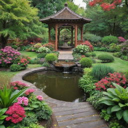 A breathtakingly beautiful garden considered the most beautiful in the world. Picture lush greenery, vibrant flowers in full bloom, serene water features, elegant garden pathways, and enchanting gazebos, all under a warm sunlight.