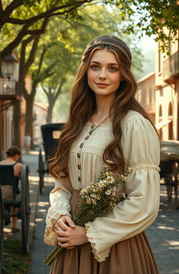 A nostalgic scene of a young woman in a historical setting, dressed in traditional attire from the past, surrounded by vintage elements like an old-fashioned street, horse-drawn carriages, and old buildings