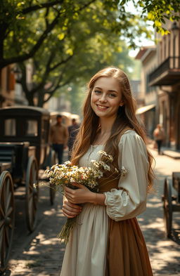 A nostalgic scene of a young woman in a historical setting, dressed in traditional attire from the past, surrounded by vintage elements like an old-fashioned street, horse-drawn carriages, and old buildings