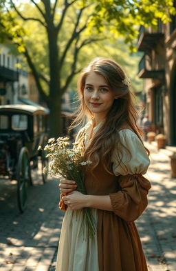 A nostalgic scene of a young woman in a historical setting, dressed in traditional attire from the past, surrounded by vintage elements like an old-fashioned street, horse-drawn carriages, and old buildings