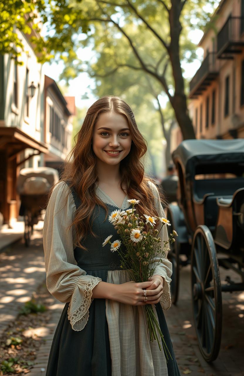 A nostalgic scene of a young woman in a historical setting, dressed in traditional attire from the past, surrounded by vintage elements like an old-fashioned street, horse-drawn carriages, and old buildings