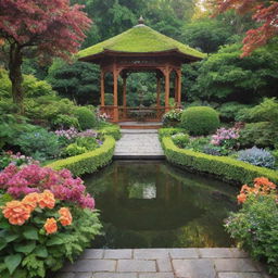 A breathtakingly beautiful garden considered the most beautiful in the world. Picture lush greenery, vibrant flowers in full bloom, serene water features, elegant garden pathways, and enchanting gazebos, all under a warm sunlight.