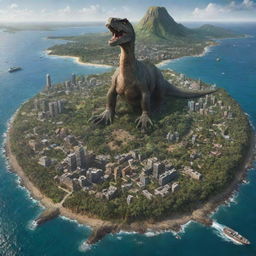 Against all odds, the visitors finally reach their destination, the bustling city appearing as a beacon of civilization. An aerial view captures the contrast between their current safe setting and their treacherous past on the dinosaur-occupied island.