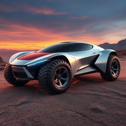 A futuristic off-road car with an aerodynamic design, featuring large, rugged wheels and a sleek body