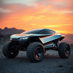 A futuristic off-road car with an aerodynamic design, featuring large, rugged wheels and a sleek body