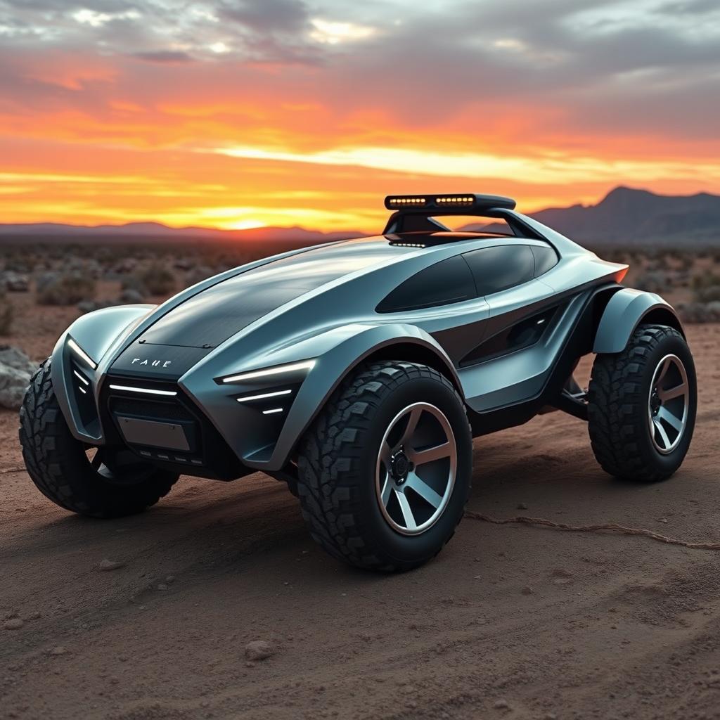 A futuristic off-road car with an aerodynamic design, featuring large, rugged wheels and a sleek body