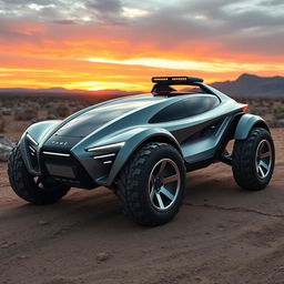 A futuristic off-road car with an aerodynamic design, featuring large, rugged wheels and a sleek body