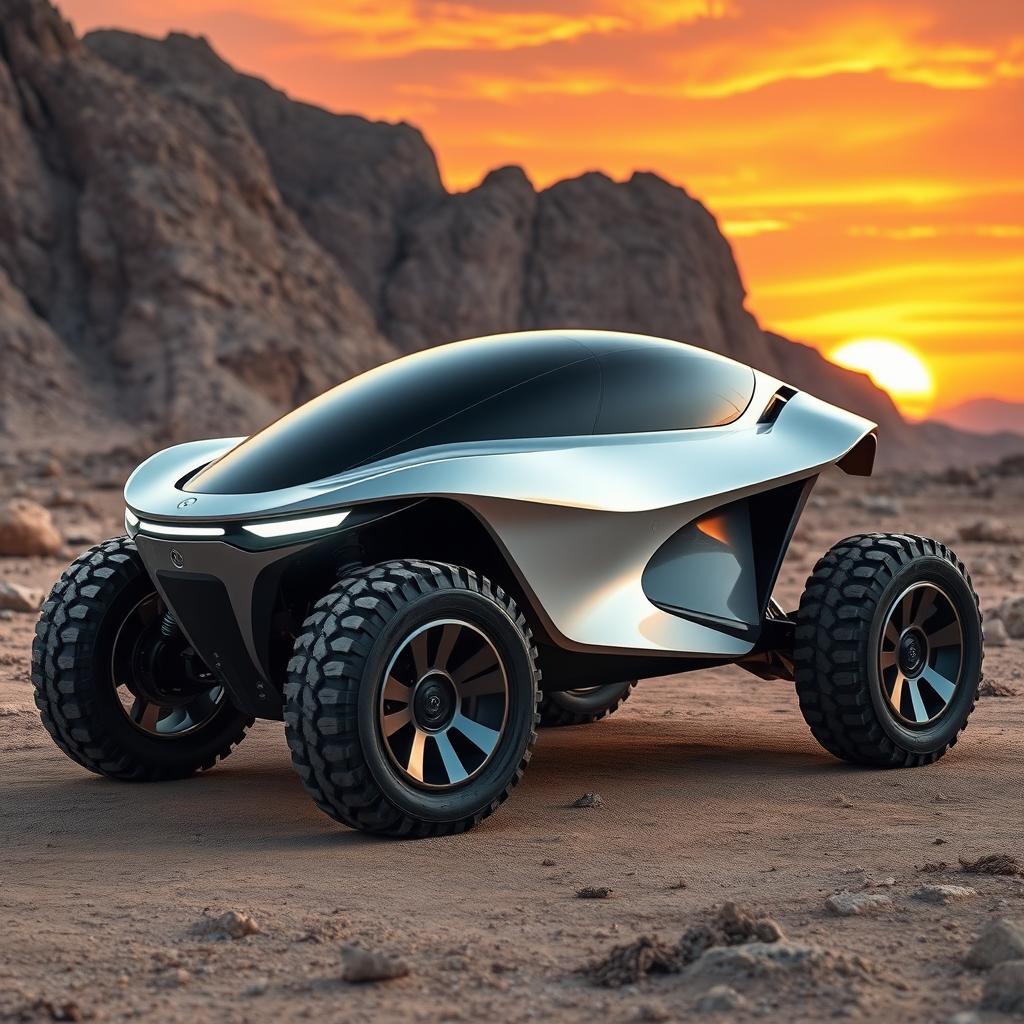 A futuristic off-road car with an aerodynamic design, featuring large, rugged wheels and a sleek body