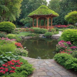 A breathtakingly beautiful garden considered the most beautiful in the world. Picture lush greenery, vibrant flowers in full bloom, serene water features, elegant garden pathways, and enchanting gazebos, all under a warm sunlight.