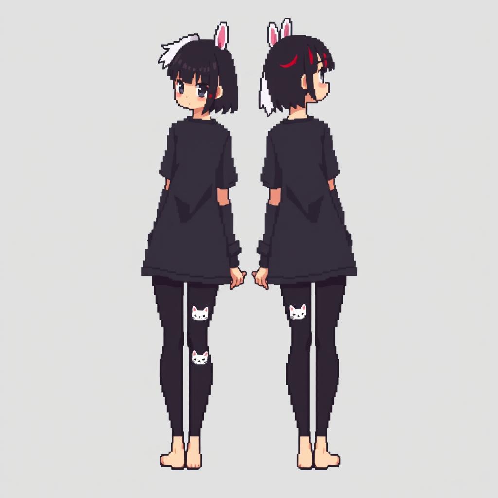 A pixel art representation in first-person view featuring a full-body anime woman from both the front and back