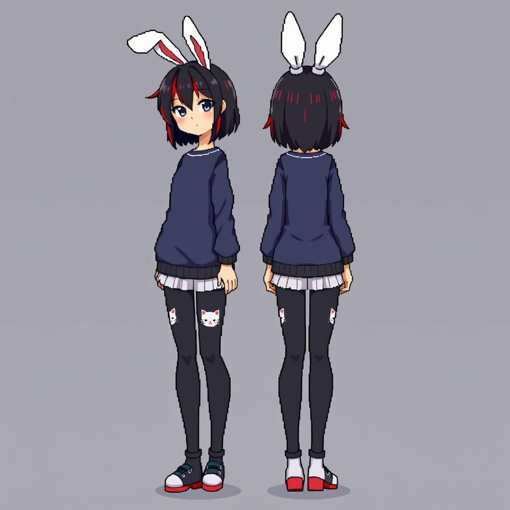 A pixel art representation in first-person view featuring a full-body anime woman from both the front and back