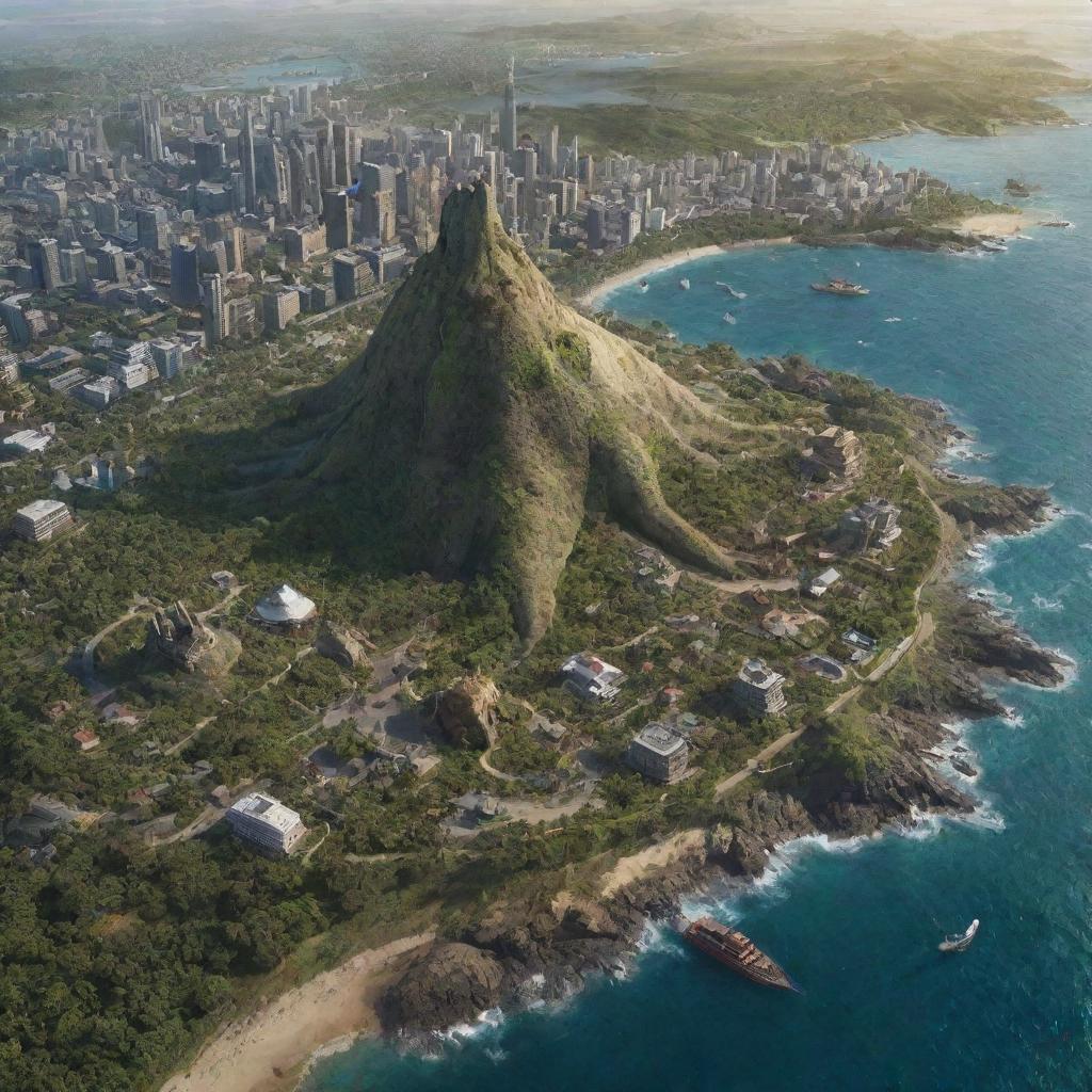 Against all odds, the visitors finally reach their destination, the bustling city appearing as a beacon of civilization. An aerial view captures the contrast between their current safe setting and their treacherous past on the dinosaur-occupied island.