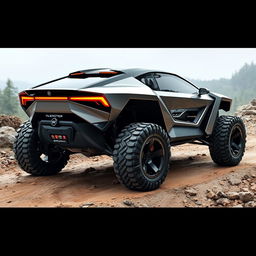 A futuristic off-road car with an aerodynamic design and large rugged wheels