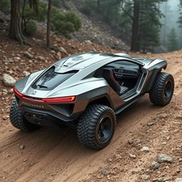 A futuristic off-road car with an aerodynamic design and large rugged wheels