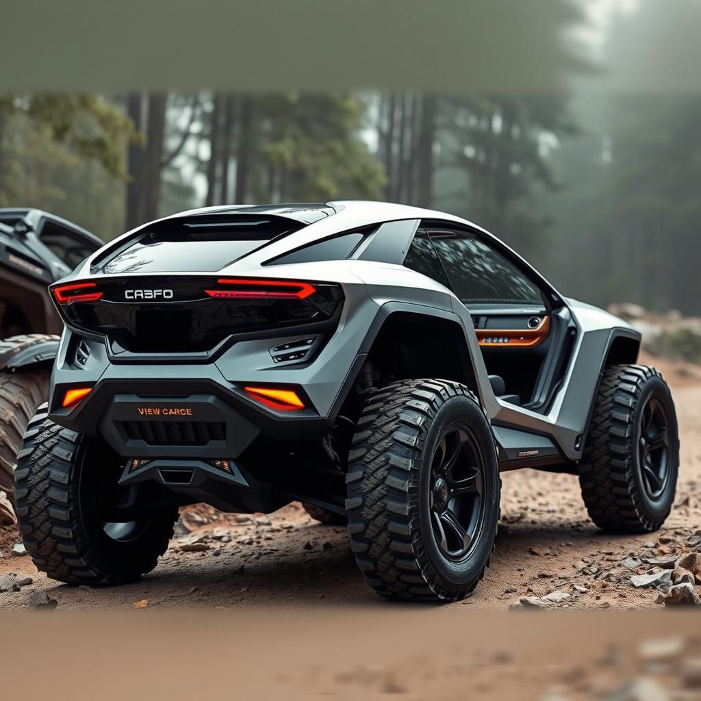 A futuristic off-road car with an aerodynamic design and large rugged wheels