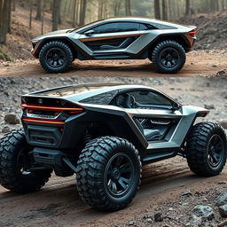 A futuristic off-road car with an aerodynamic design and large rugged wheels