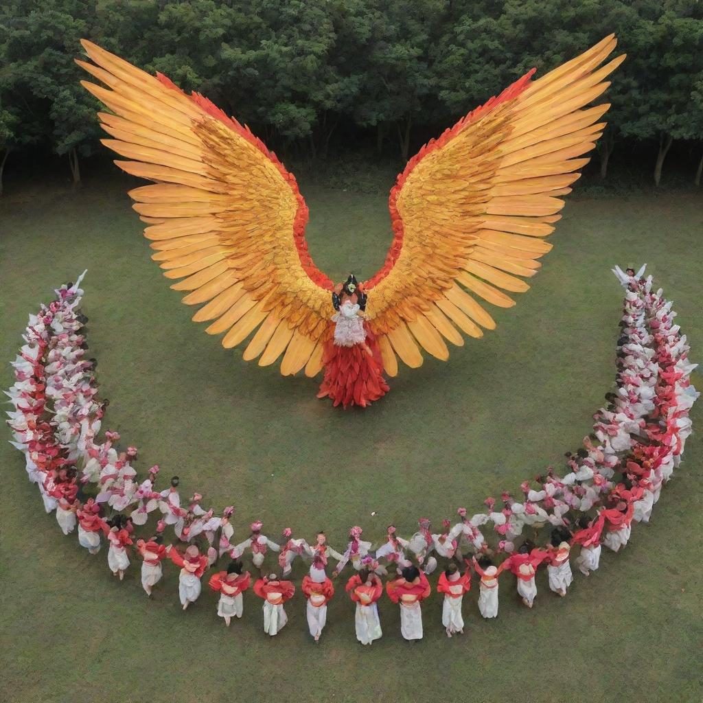 A large V formation of 110 students performing a traditional dance, with giant wings adorning the sides of the formation, and a Minokawa, a mythical creature from the Philippines, featured prominently in the center.