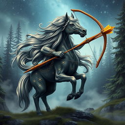 An enchanting Nordic mythological being representing the Sagittarius zodiac sign, depicted as a majestic centaur with an elegant blend of human and horse features