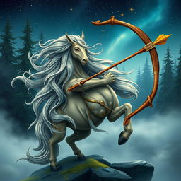 An enchanting Nordic mythological being representing the Sagittarius zodiac sign, depicted as a majestic centaur with an elegant blend of human and horse features