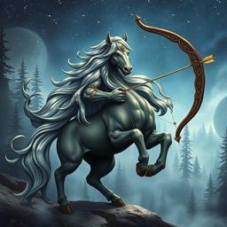 An enchanting Nordic mythological being representing the Sagittarius zodiac sign, depicted as a majestic centaur with an elegant blend of human and horse features