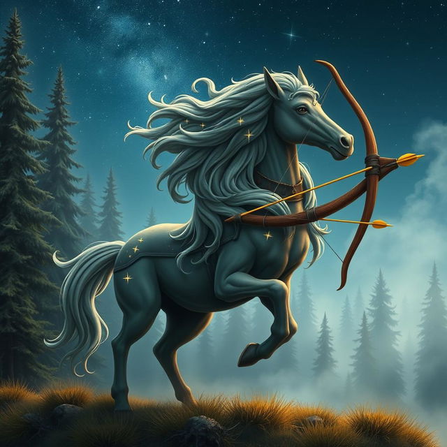 An enchanting Nordic mythological being representing the Sagittarius zodiac sign, depicted as a majestic centaur with an elegant blend of human and horse features