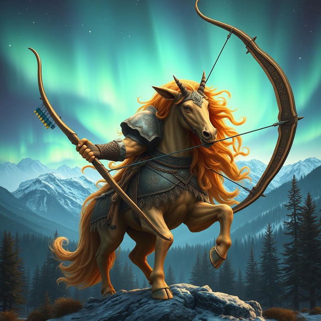 A captivating Nordic mythological being embodying the Sagittarius zodiac sign, depicted as a powerful centaur with the upper body of a robust warrior adorned in intricate Norse armor