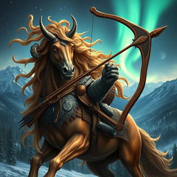 A captivating Nordic mythological being embodying the Sagittarius zodiac sign, depicted as a powerful centaur with the upper body of a robust warrior adorned in intricate Norse armor