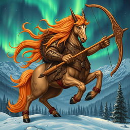 A captivating Nordic mythological being embodying the Sagittarius zodiac sign, depicted as a powerful centaur with the upper body of a robust warrior adorned in intricate Norse armor