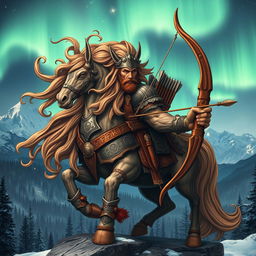 A captivating Nordic mythological being embodying the Sagittarius zodiac sign, depicted as a powerful centaur with the upper body of a robust warrior adorned in intricate Norse armor