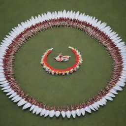 A large V formation of 110 students performing a traditional dance, with giant wings adorning the sides of the formation, and a Minokawa, a mythical creature from the Philippines, featured prominently in the center.