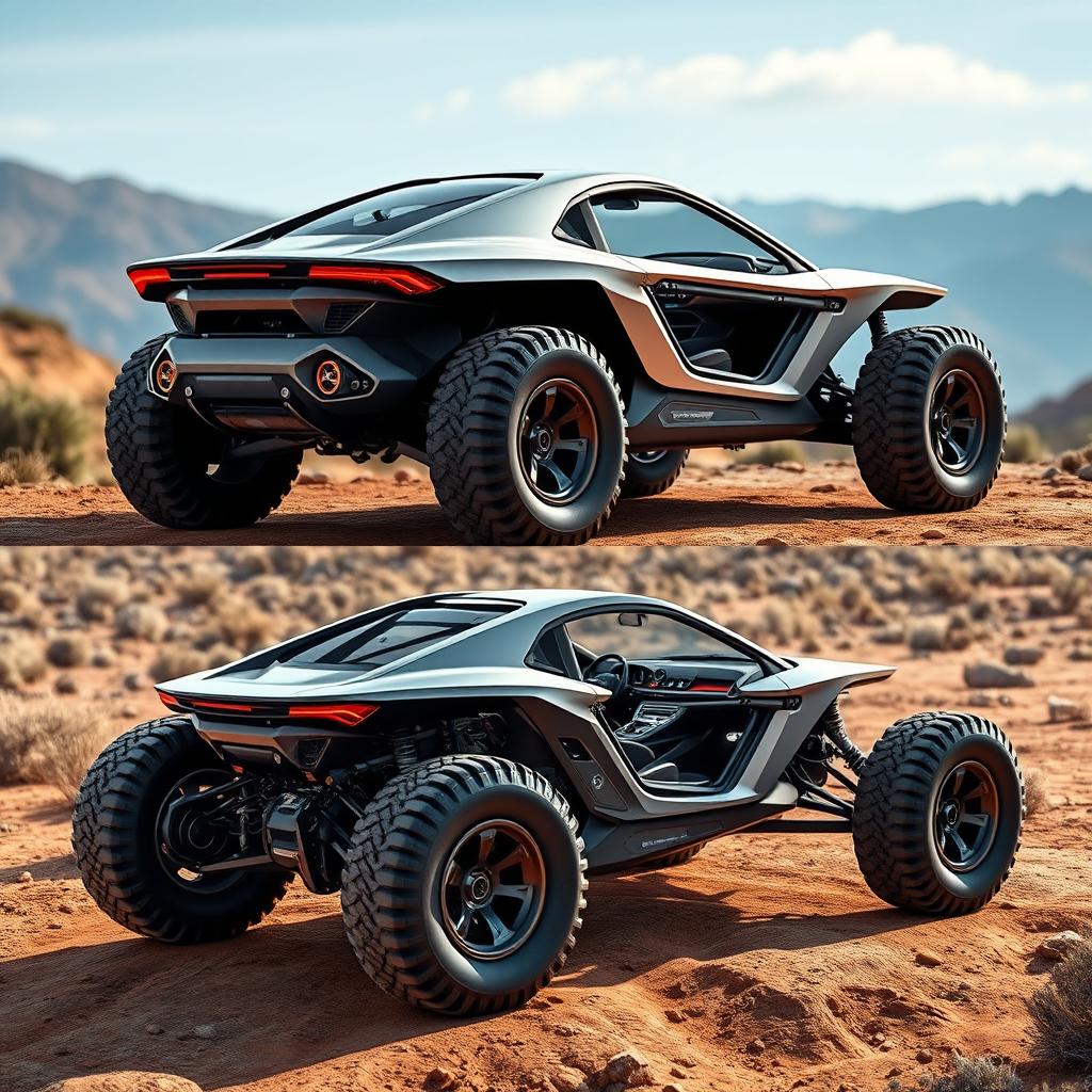 A futuristic off-road car designed for rugged terrains, featuring an aerodynamic body and large, robust wheels