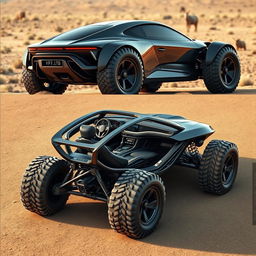 A futuristic off-road car designed for rugged terrains, featuring an aerodynamic body and large, robust wheels