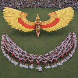 A large V formation of 110 students performing a traditional dance, with giant wings adorning the sides of the formation, and a Minokawa, a mythical creature from the Philippines, featured prominently in the center.