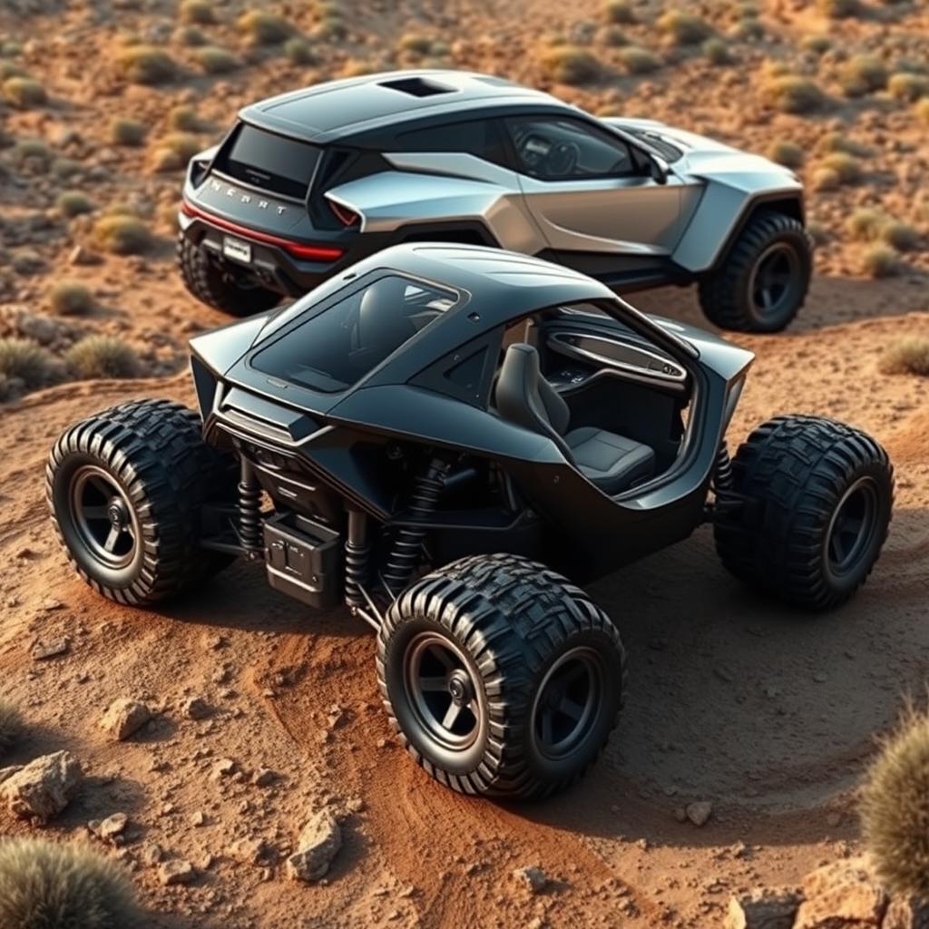 A futuristic off-road car designed for rugged terrains, featuring an aerodynamic body and large, robust wheels