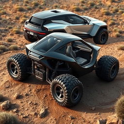 A futuristic off-road car designed for rugged terrains, featuring an aerodynamic body and large, robust wheels